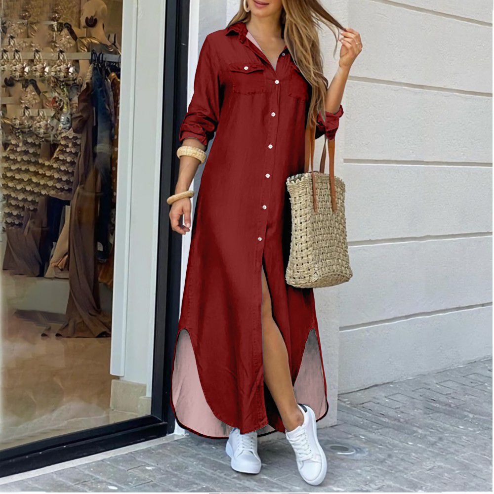 anyfreebie™- Casual Long Shirt Dress Autumn Women Long Sleeve Maxi Dresses Laides Turn-down Collar Office Dresses Loose Sundress Robe Longue