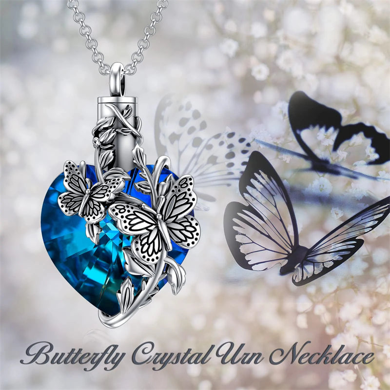 Sterling Silver Rose Flower Cremation Necklace For Ashes, Red/Blue Crystal Urn Necklace For Ashes For Women Memorial Jewelry