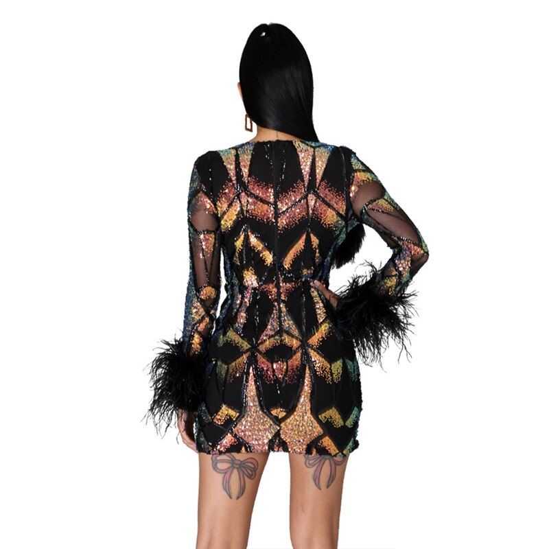 anyfreebie™- Women Sexy Sequins Feather Night Club Party Dress Deep V Neck Sheer Mesh Long Sleeve Bodycon Mini Dresses Vestidos