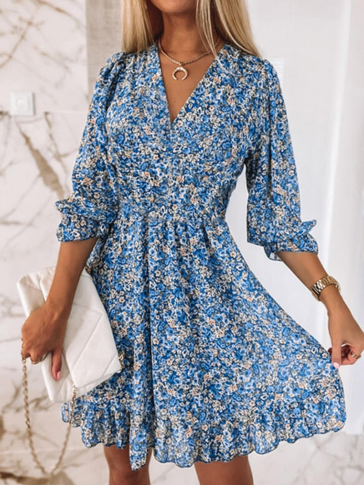 anyfreebie™ - Dress for Women Sexy V-neck 2024 New Midi Dress Bohemian Print Short-sleeved Floral Dress with A Nipped-in Waist Pullover