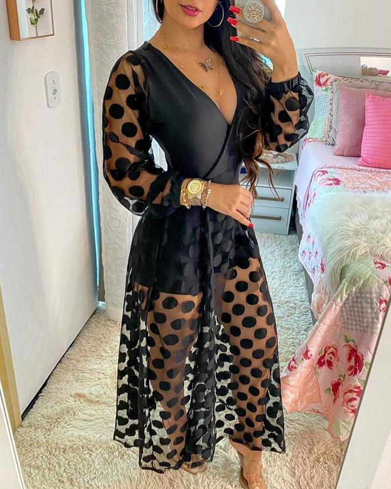 anyfreebie™-Women's Clothing Spring Polkadot Print Wrap Long Sleeve Maxi Dress See Through Party Wedding Formal Elegant Boho V Neck