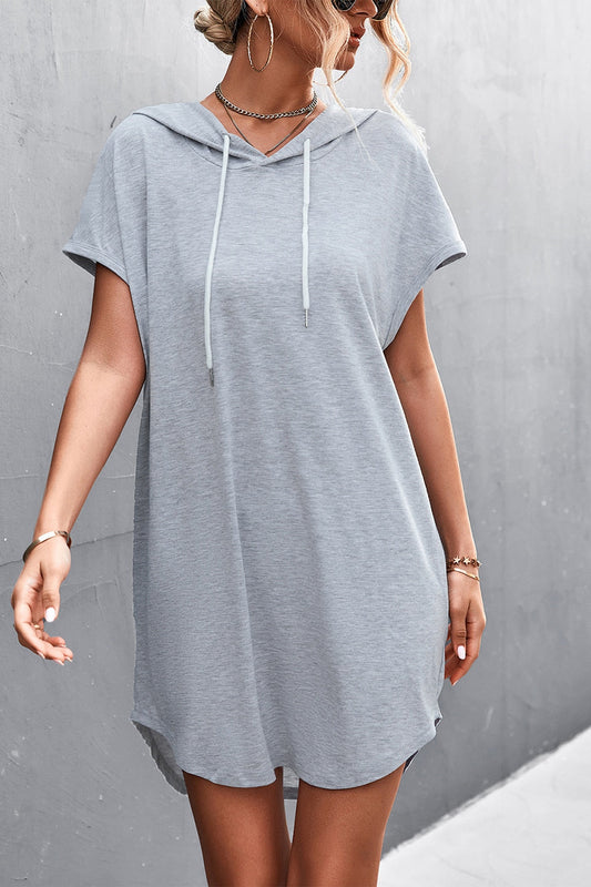 anyfreebie™- Grey Loose ShortSleeve Hooded Dress Women Streetwear Simple Casual Sports Dresses SolidColor Hoody Dress Casual Basic Mini Dress