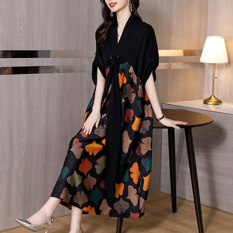 anyfreebie™ - 2024 Summer Silk Printed Mulberry Silk Midi Dress Fall Retro Casual 5XL Plus Size Long Sleeve Dress Elegant Women Vestidos