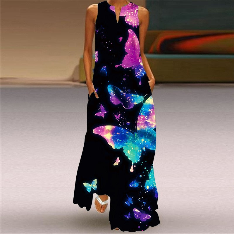 anyfreebie™-Vintage Print Women Sundress 2024 Summer Fashion Sexy V-neck Sleeveless Long Dresses with Pocket Casual Lady Maxi Dress Vestidos