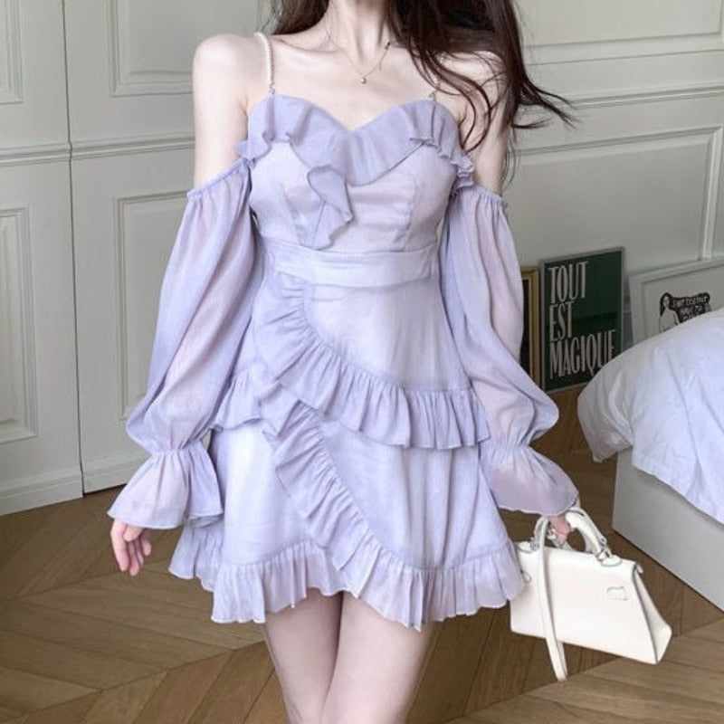 anyfreebie™-Purple Off Shoulder Kawaii Dress Women Ruffle Patchwork Sweet Party Mini Dress Female Korean Fashion Slim Sexy Fairy Dress 2024