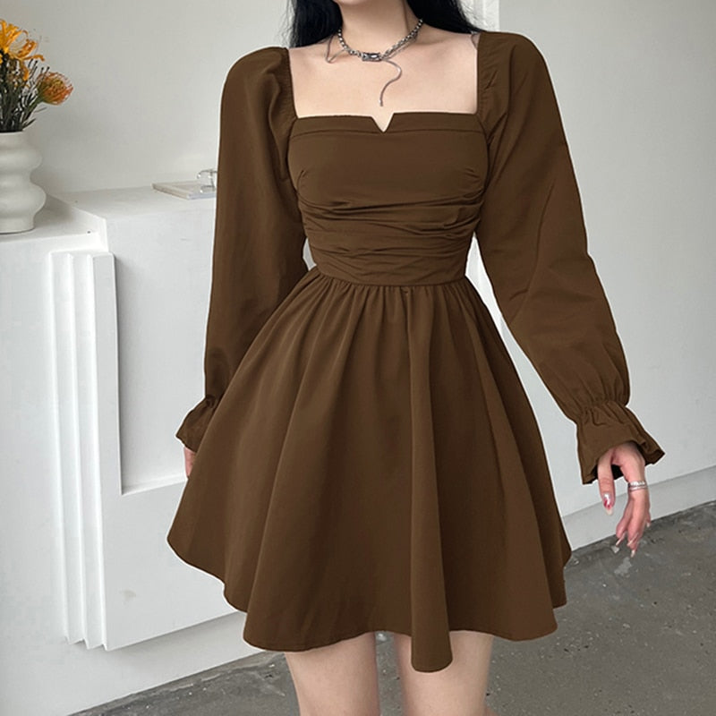 anyfreebie™-Elegant Chiffon Corset Dress Brown Flare Long Sleeve Mini Dresses Vacation Short Party Dress Ruffles Slash Neck Outfit