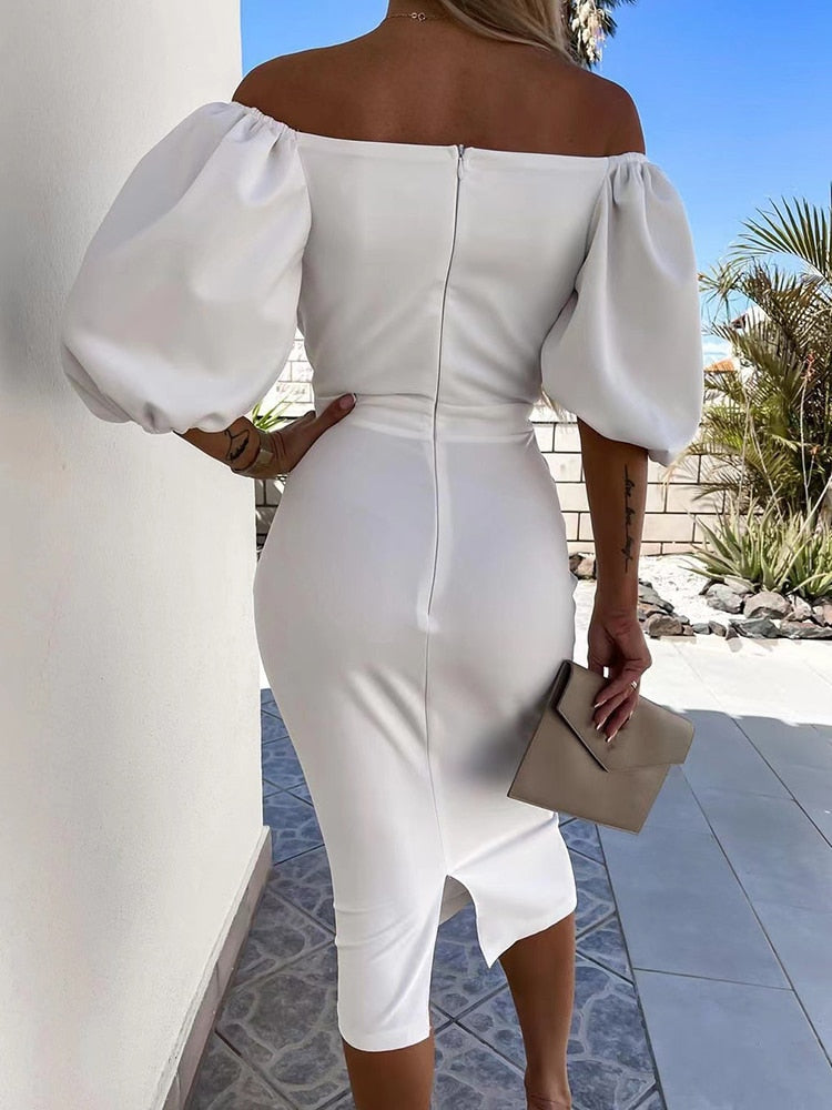 anyfreebie™- Summer Sexy Off Shoulder Bodycon Party Dress Women Spring Solid Slim Office Midi Dress Elegant Puff Sleeve Female Dress Vestidos