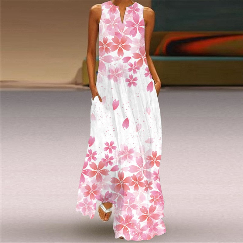 anyfreebie™- 3D Floral Printed Women Dress Summer Vintage V-neck Sleeveless Loose Maxi Dress Elegant Casual Ladies Party Dresses Vestidos