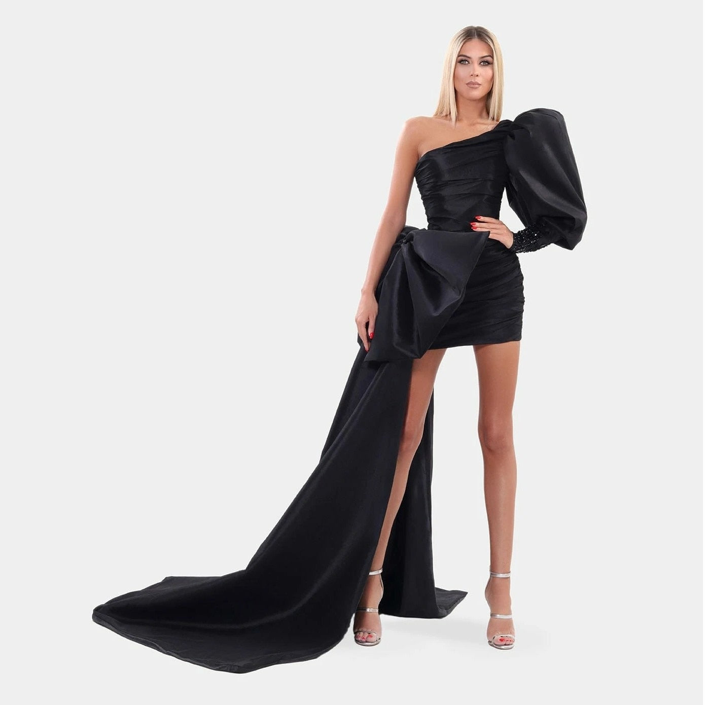 anyfreebie™- High End Black Mini Sheath Evening Dresses With Ribbon One Shoulder Puff Sleeves Sexy Short Prom Gowns Beaded Formal Dress