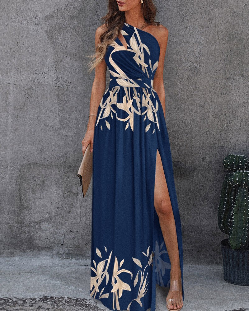 anyfreebie™-One-shoulder cutout halterneck high-waisted slit maxi dress