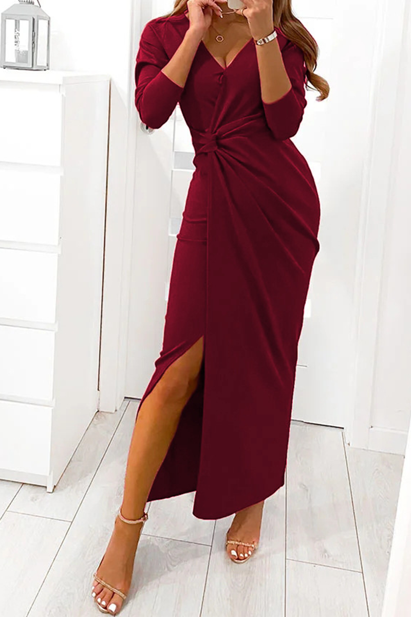 anyfreebie™-Elegant Solid Slit Fold V Neck Evening Dress Dresses