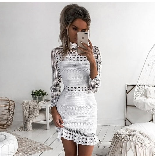 anyfreebie™- Sexy White Lace Stitching Hollow Out Party Dresses Elegant Women Short Mini Summer Casual Dresses Clothes For Women