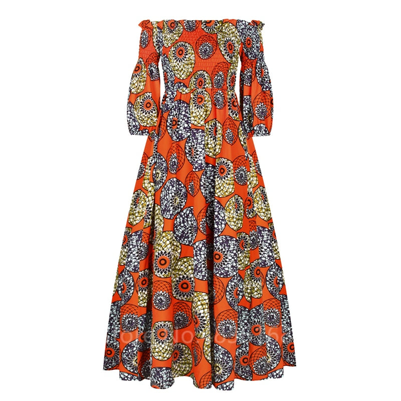 anyfreebie™- African National Print Party Dress Women Casual Sexy Slash-neck Lady Maxi Dress New Vintage Long-sleeved Loose Elegant Dress