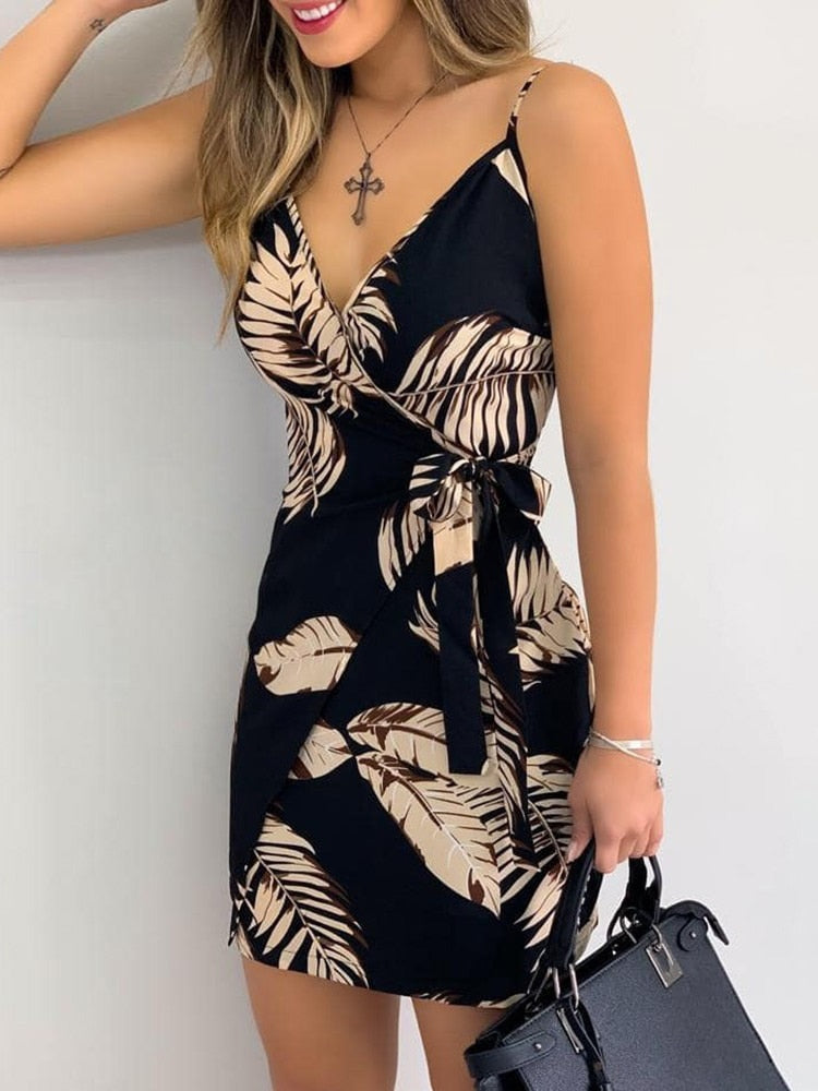 anyfreebie™-Tropical Print V-Neck Wrap Casual Dress Women Sleeveless Summer Holiday Mini Dress