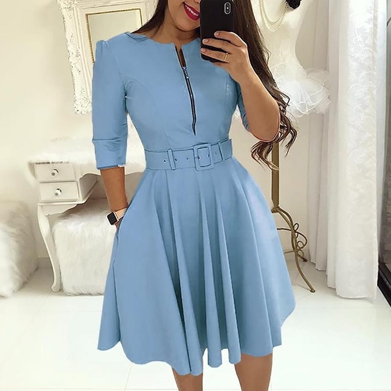 anyfreebie™- Elegant Women Solid Half Sleeve Party Dress Autumn Casual Zipper Knee-length Midi Dresses Ladies Big Swing Club Dress Vestidos