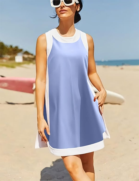 🎁Women's 2-Piece Sets Color Block Crewneck Sleeveless Top + Skirt & Shorts w/ Pockets