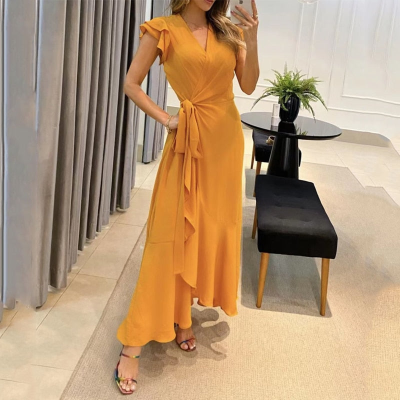 anyfreebie™- Women Maxi Dress Summer Casual Solid Butterfly Short Sleeve V Neck Lace Up Nipped Waist Ruffle Party Dresses