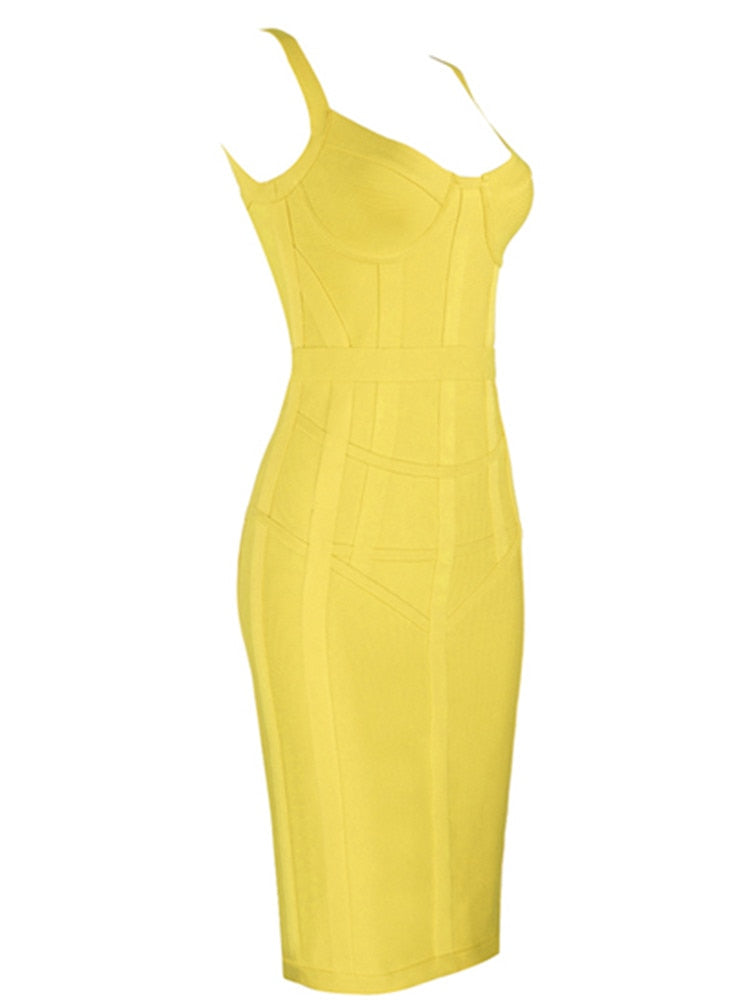 anyfreebie™-Sexy Sleeveless V Neck Yellow Midi Women Bodycon Bandage Dress 2024 Designer Fashion Evening Party Dress Vestido