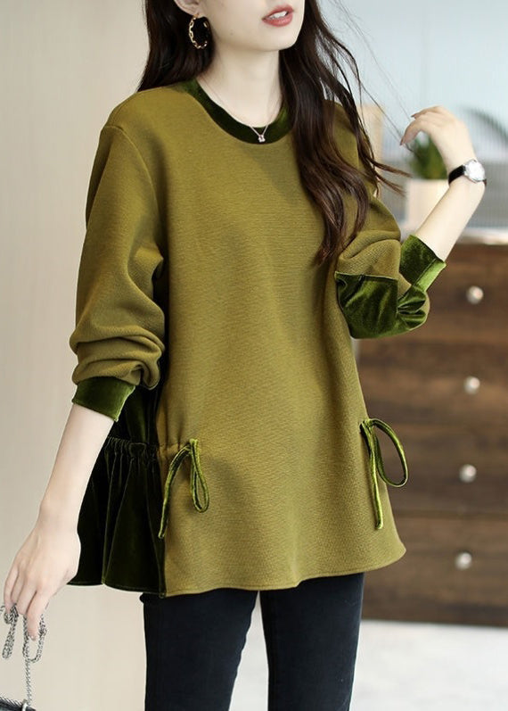 anyfreebie™-Loose Green O-Neck Patchwork Drawstring Sweatshirts Top Long Sleeve