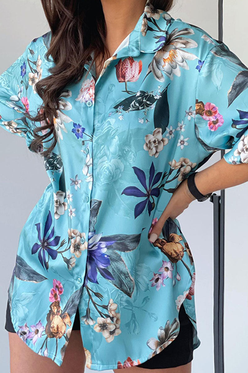 anyfreebie™-Fashion Casual Print Split Joint Turndown Collar Tops