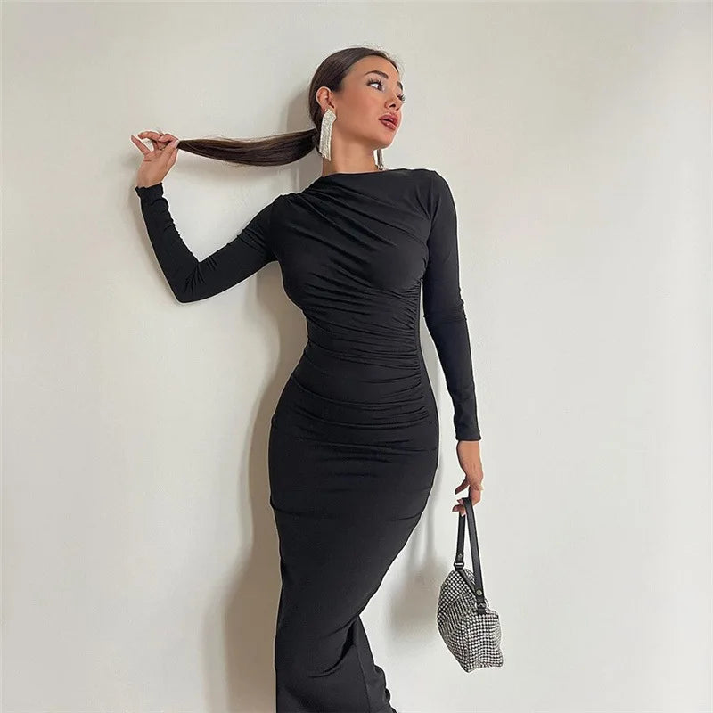 anyfreebie™-Fashionable round neck long sleeve slim fit hip-hugging solid color elegant dress