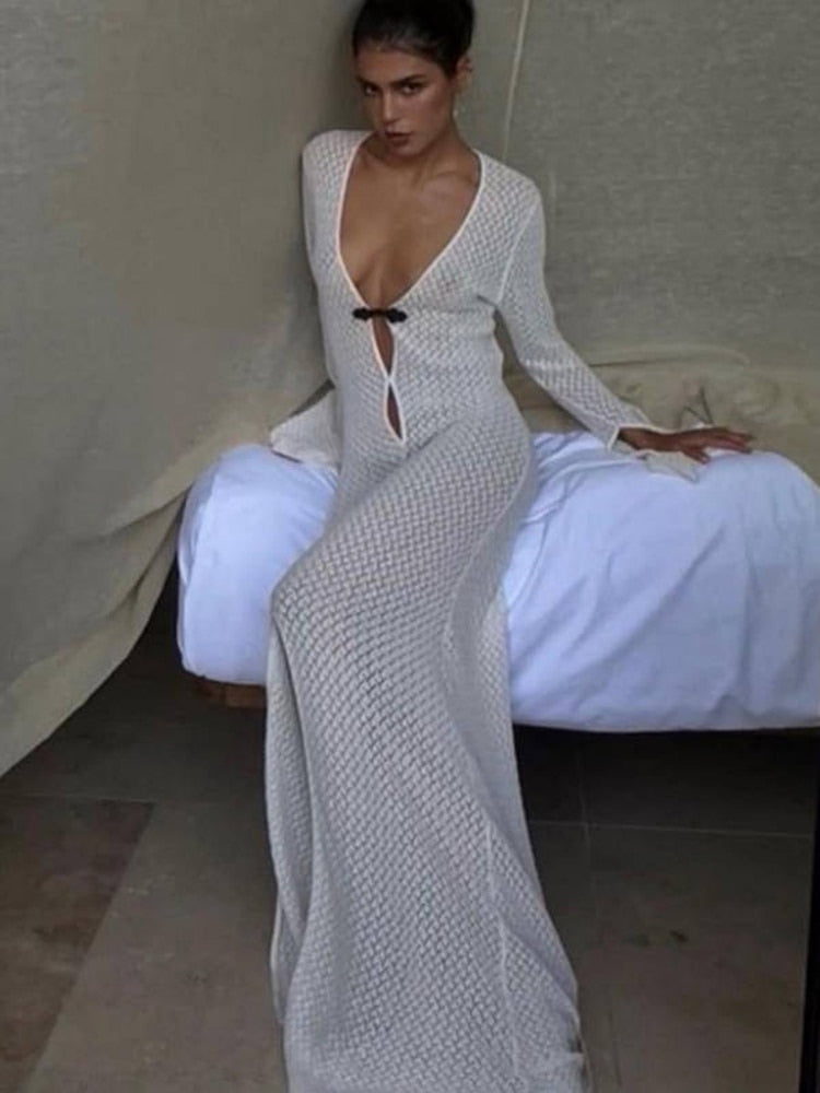 anyfreebie™-Summer Beach Holiday Knitted Maxi Dress Outfits for Women Party Club Long Sleeve See Through Dresses Hollow Out