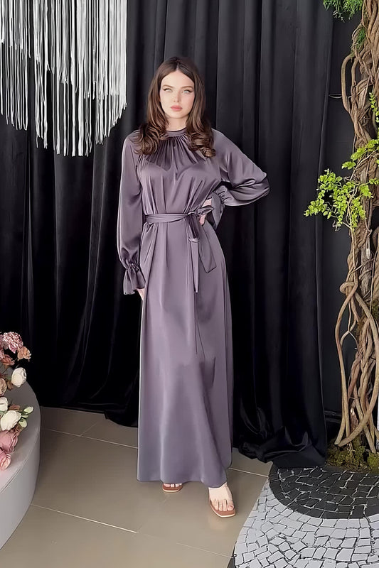 anyfreebie™-Solid Color Satin Long Sleeve Loose Dress