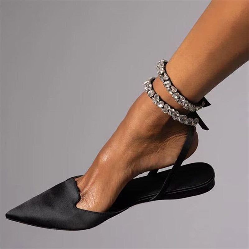 2025 Summer Glam Crystal Pointed Toe Flat Slide Sandals Fashionable Ankle Strap Shoe