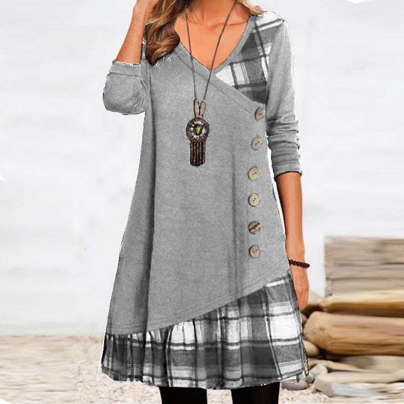 anyfreebie™ - Fashion Long Sleeve V Neck Midi Dress Autumn Ladies Button Splicing Loose Dress New Vintage Geometric Puzzle Print A-line Dress