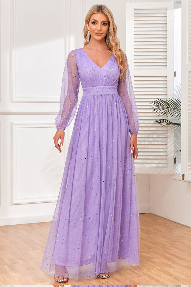 anyfreebie™-V-neck see-through long-sleeved tulle shiny evening dress