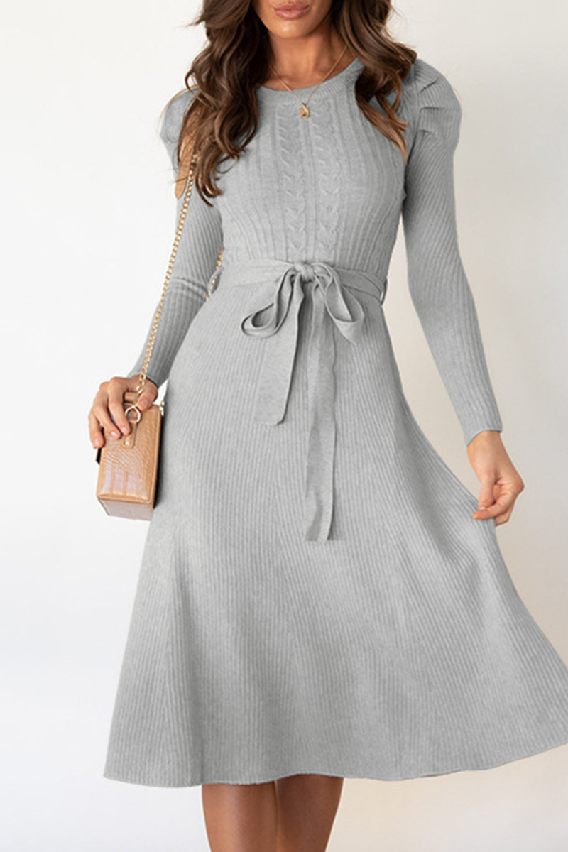 anyfreebie™-Elegant Solid With Belt O Neck Sweater Dresses