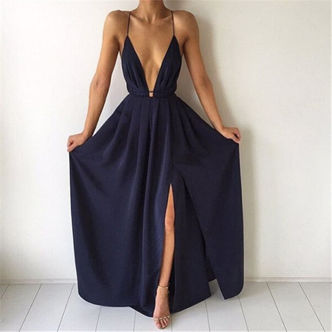 anyfreebie™-Summer Maxi Dress Women Solid Color Sexy Deep V-Neck Sleeveless Spaghetti Strap Backless High Split Long Sundress Vestidos