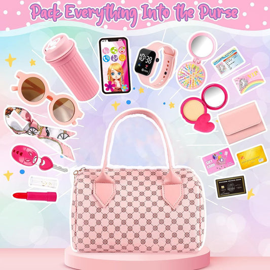 🎁Girls' Pretend Play Handbag Set with Makeup Phone Accessories (17 PCS)
