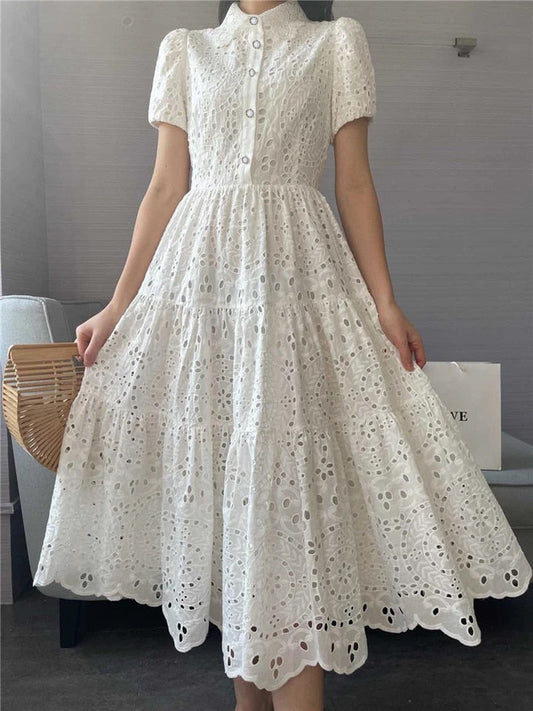 anyfreebie™-Vintage Elegant Women Summer Embroidery Hollow Out Midi Long Dresses Lady Boho A Line Vestidos Elbise Frocks Vestidos Za