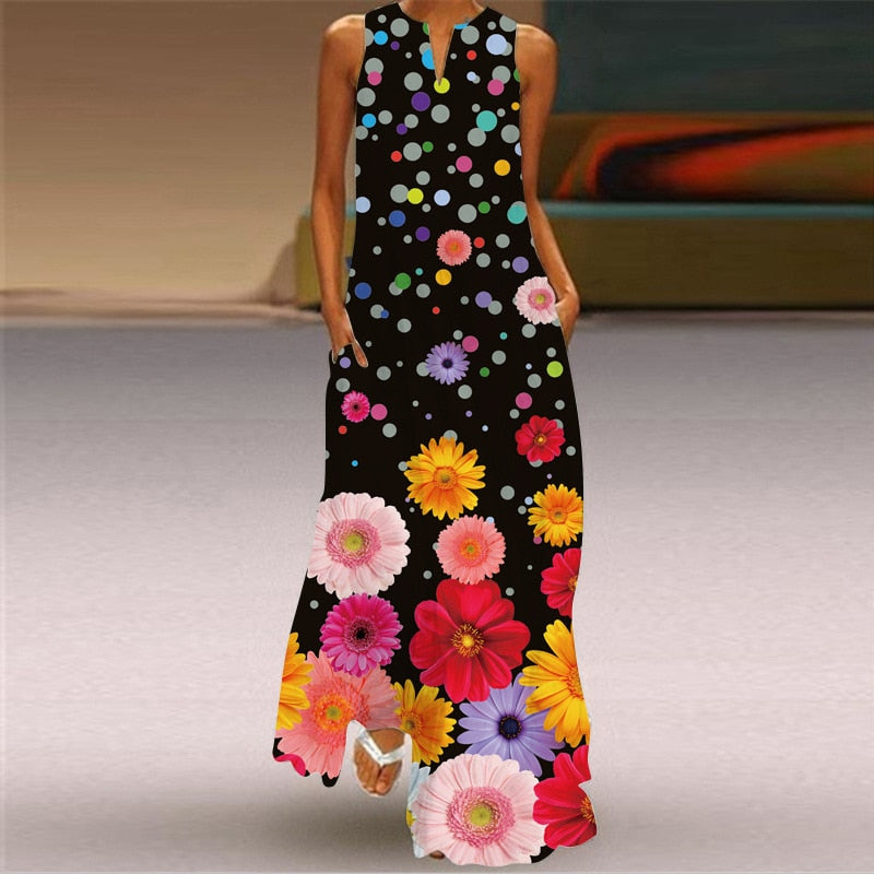 anyfreebie™- 3D Floral Printed Women Dress Summer Vintage V-neck Sleeveless Loose Maxi Dress Elegant Casual Ladies Party Dresses Vestidos