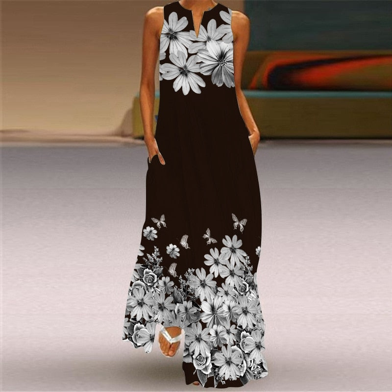 anyfreebie™- 3D Floral Printed Women Dress Summer Vintage V-neck Sleeveless Loose Maxi Dress Elegant Casual Ladies Party Dresses Vestidos