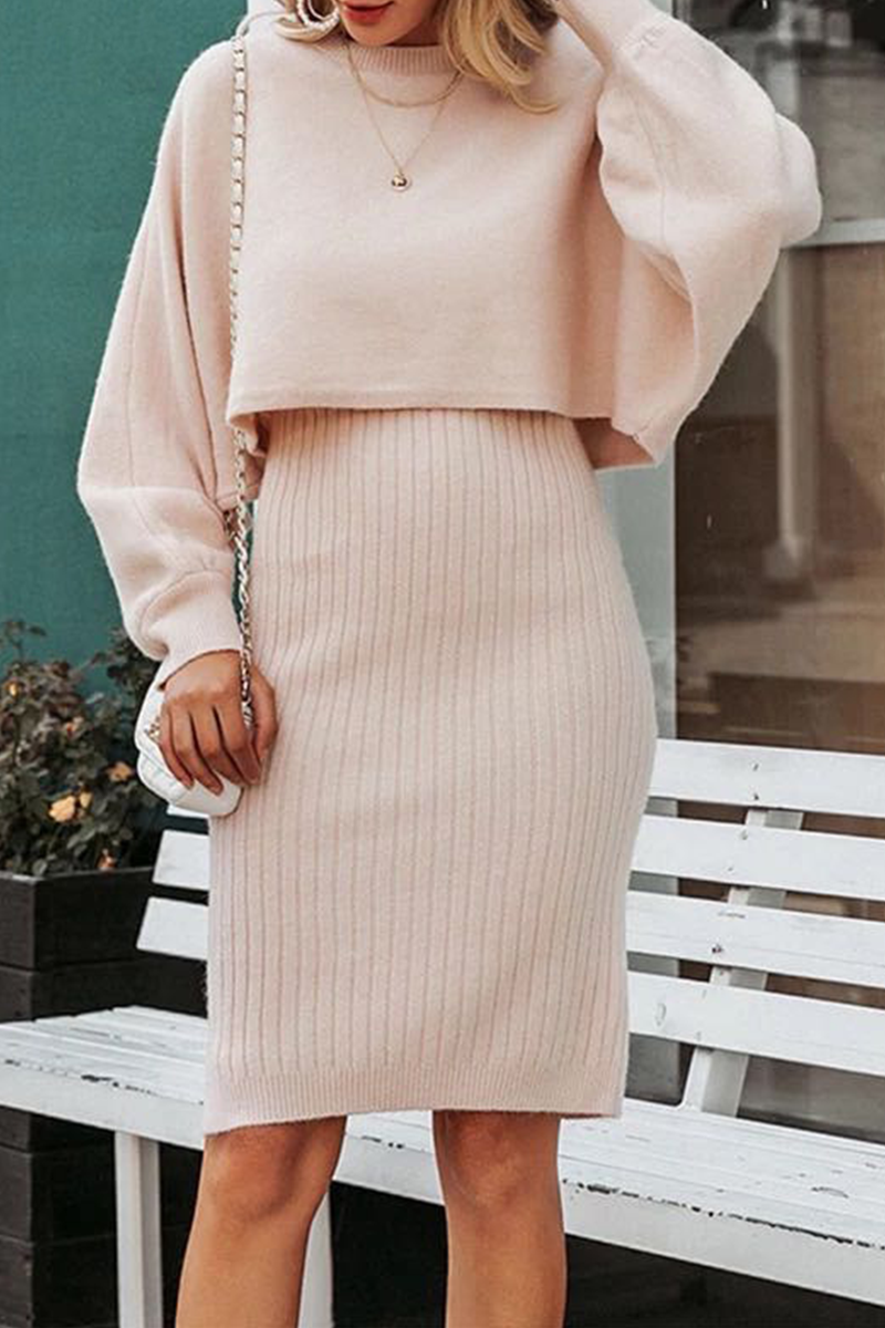 anyfreebie™-Elegant Solid Split Joint O Neck Long Sleeve Two Pieces