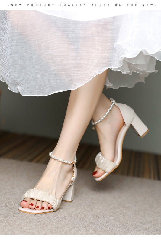 anyfreebie™-White pearl chain niche high heel sandals