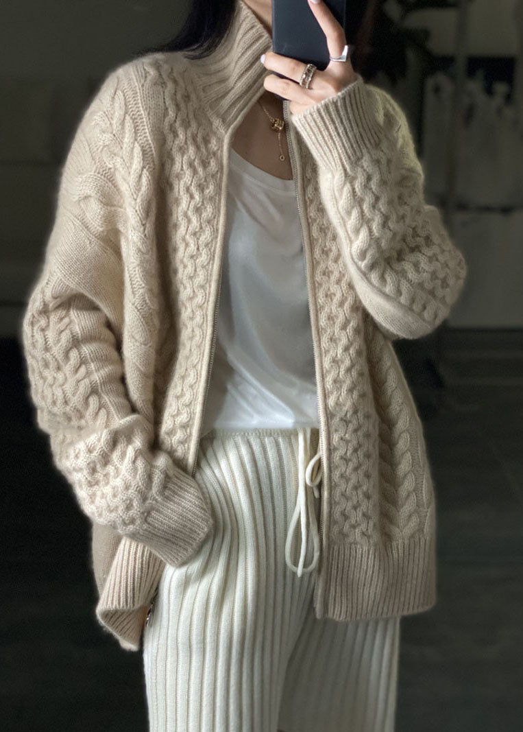 anyfreebie™-DIY Beige Zip Up Casual Woolen Knitted Tops Coat Winters