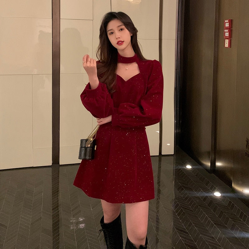 anyfreebie™-Red Velvet Elegant Party Mini Dress Women Sequins Long Sleeve Wram Vintage Dress Ladies Casual Korean A-line Dress 2024 New Year