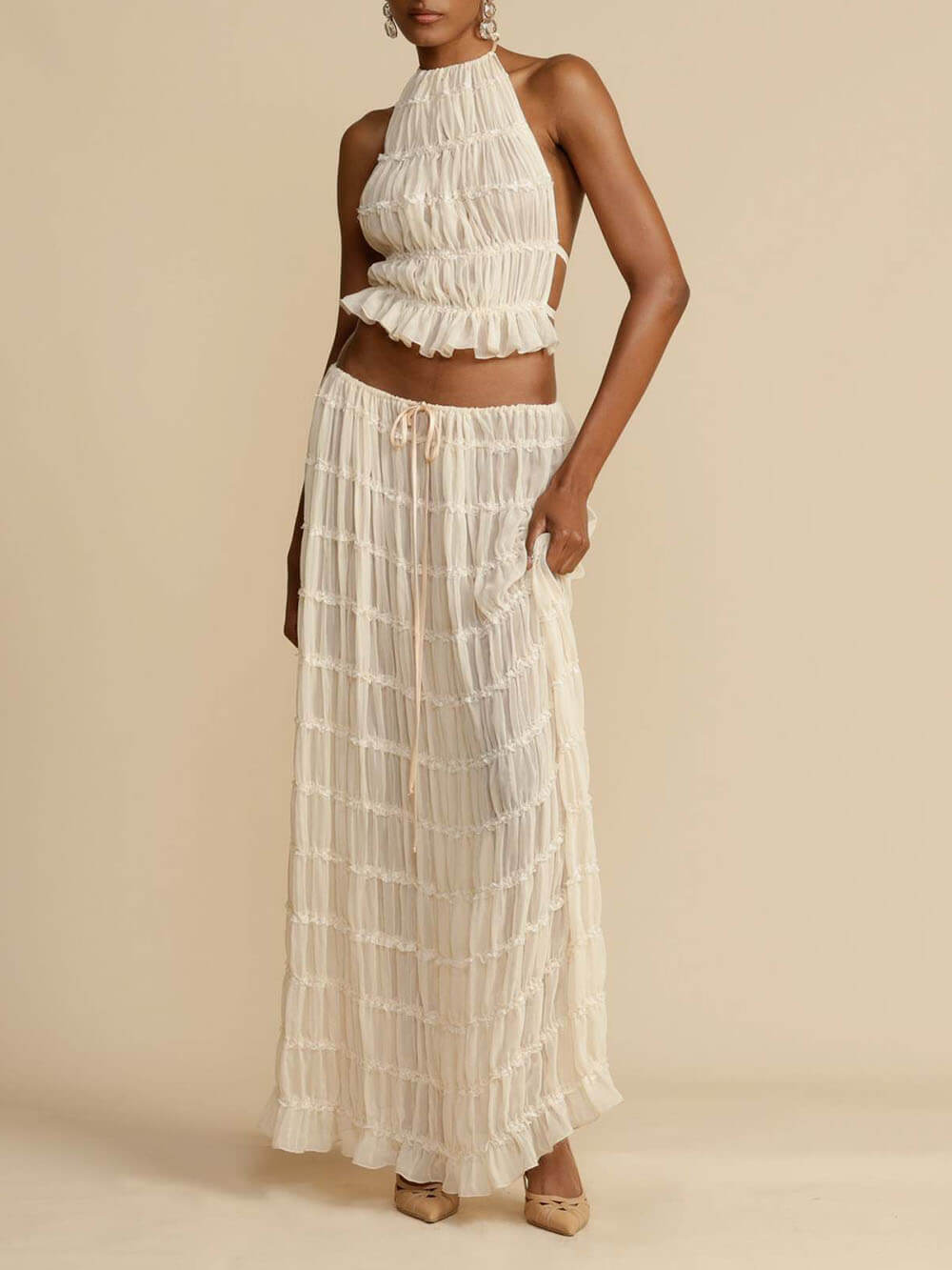 anyfreebie™-Charm Pleated Drawstring Waist Tiered Maxi Skirt