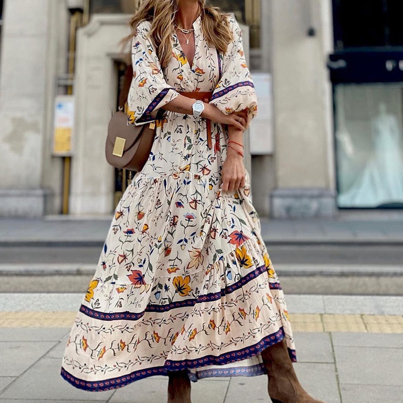 anyfreebie™- Elegant Floral Print Holiday Boho Long Dress 2024 New Spring Casual Beach Dress Feminine V-Neck Half-Sleeve Ruffled Waist Dress