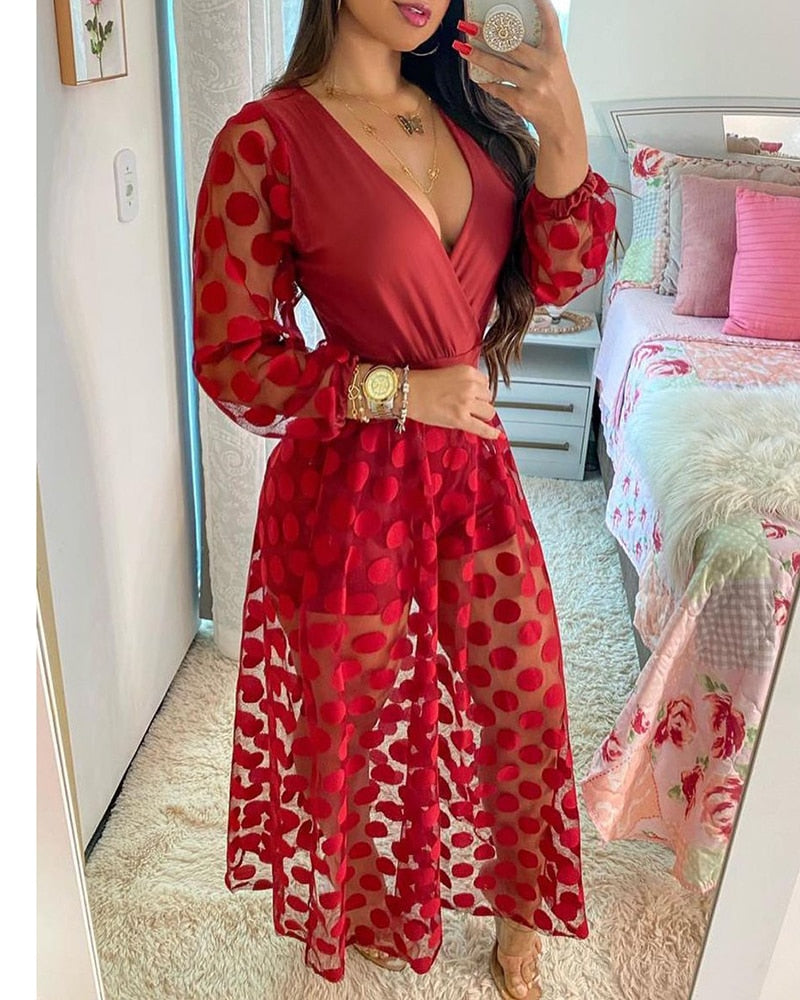 anyfreebie™-Women's Clothing Spring Polkadot Print Wrap Long Sleeve Maxi Dress See Through Party Wedding Formal Elegant Boho V Neck