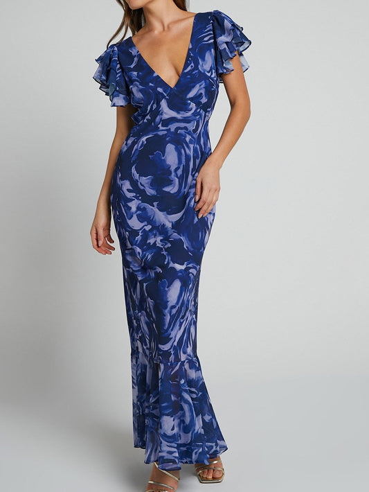 anyfreebie™-Navy Swirl V-Neck Flutter Sleeve Maxi Dress