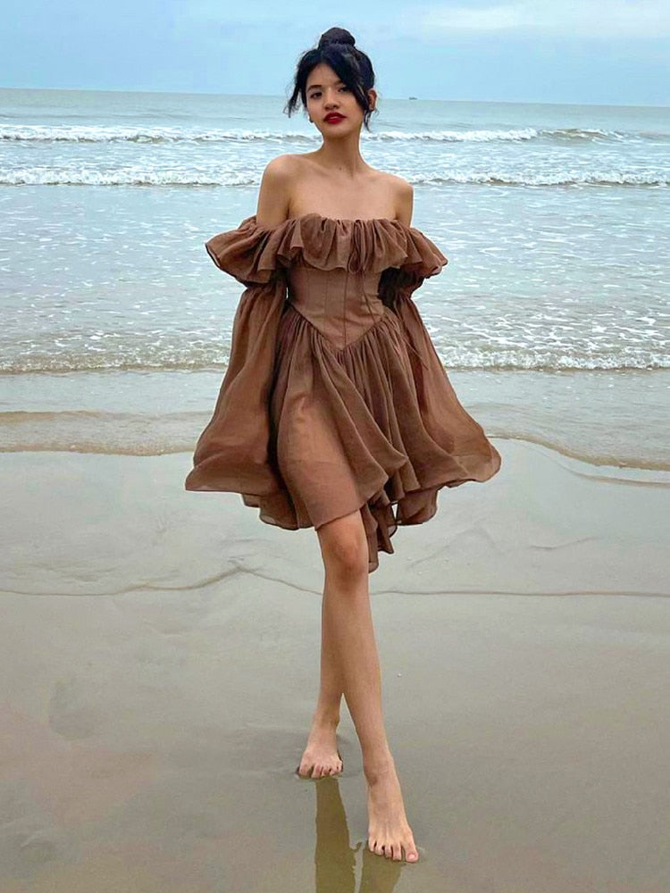 anyfreebie™-Elegant Chiffon Corset Dress Brown Flare Long Sleeve Mini Dresses Vacation Short Party Dress Ruffles Slash Neck Outfit