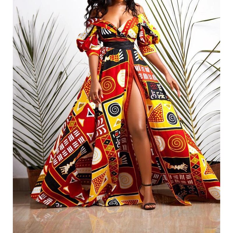 anyfreebie™- Dashiki Print Ankara Dresses African Women Clothes Summer Bohe Sexy V-neck Backless Slit Maxi Dress Kanga Clothing Plus Size