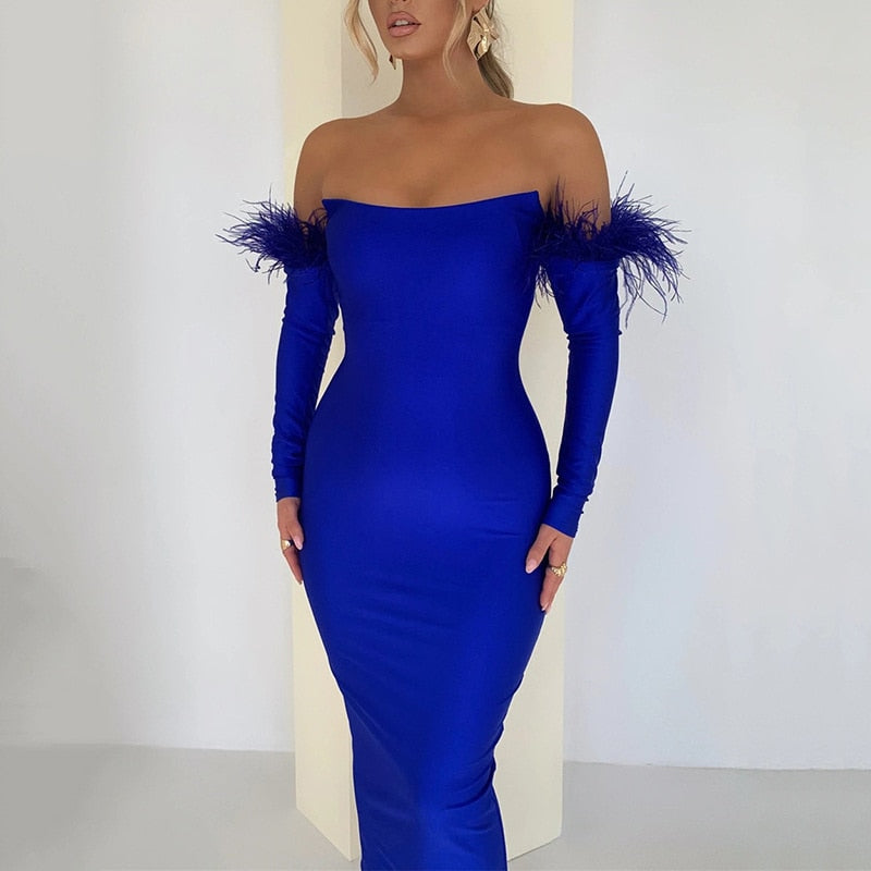 anyfreebie™-Party Dresses For Women Outfits Elegant Off-shoulder Feather Sleeve Maxi Dress Women New Strapless Backless Bodycon Long Dress Vestido