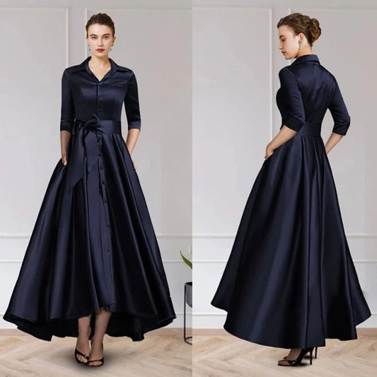 anyfreebie™-On Sale Charming Dark Navy Mother of the Bride Dresses with 3/4 Sleeves V Neck Bow Belt Wedding Party Dresses High Low 2024