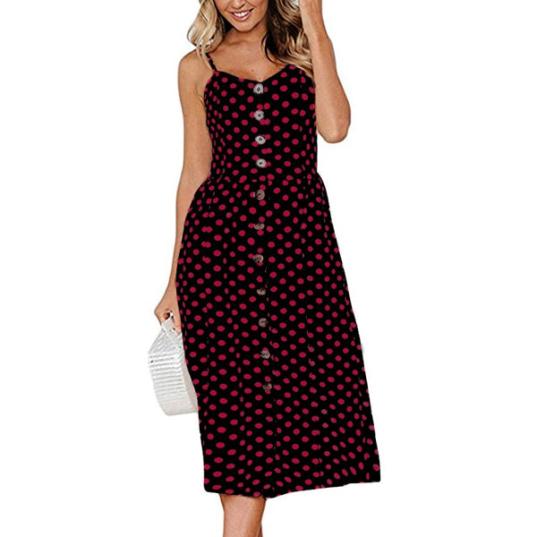 anyfreebie™- Boho Sexy Floral Dress Summer Vintage Casual Sundress Female Beach Dress Midi Button Backless Polka Dot Striped Women Dress