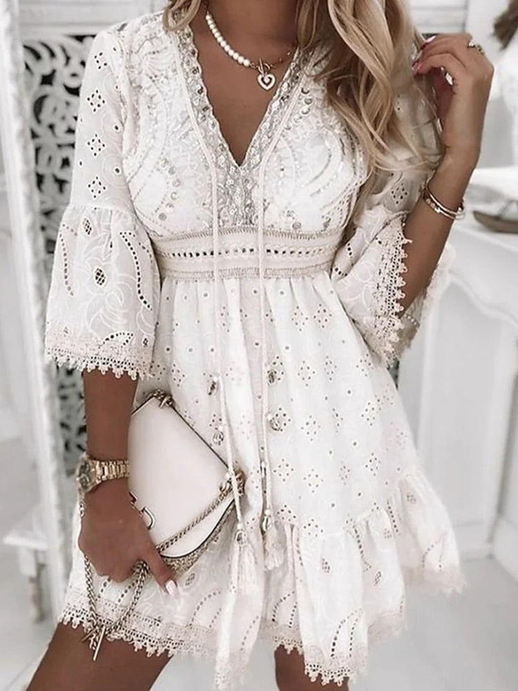 anyfreebie™- - Elegant Lace Mini Dress Women Three Quarter Sleeve Dress Female V Neck Patchwork Lace Up Dress Ladies Vacation Beach Dress